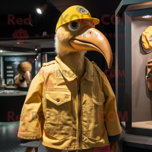 Yellow Dodo Bird mascot costume character dressed with a Bomber Jacket and Hat pins