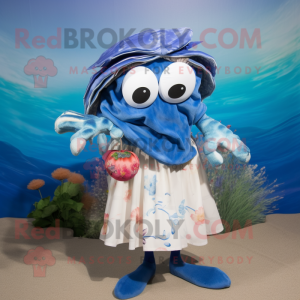 Blue Hermit Crab mascot costume character dressed with a Dress Shirt and Hair clips
