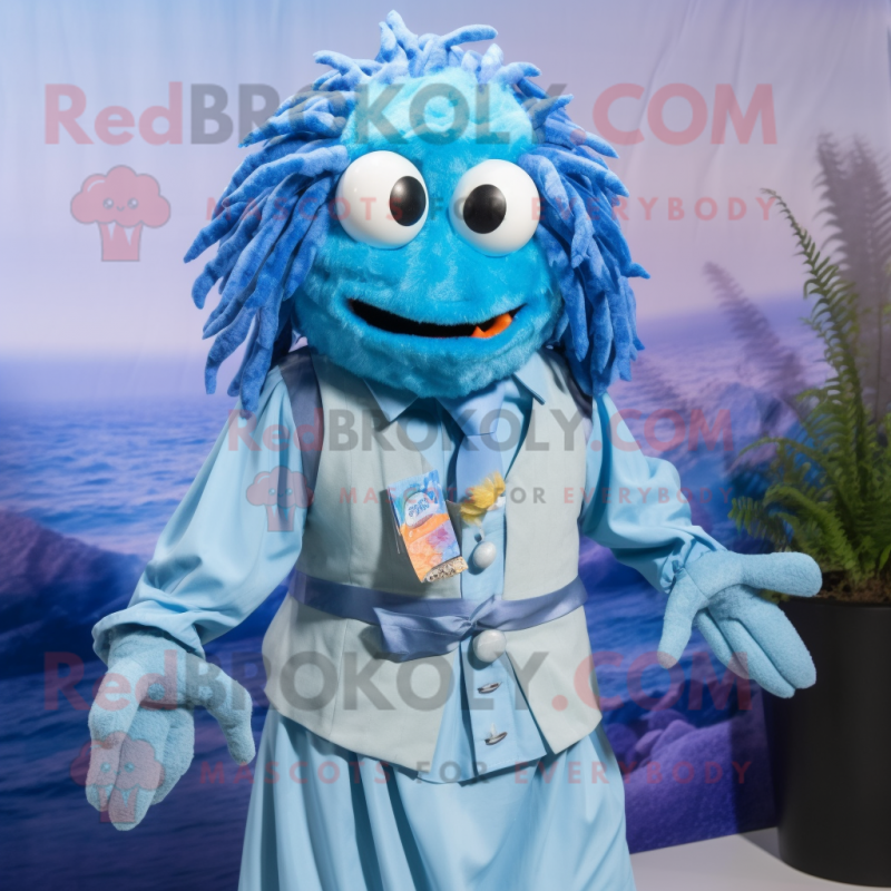 Blue Hermit Crab mascot costume character dressed with a Dress Shirt and Hair clips