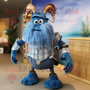 Blue Hermit Crab mascot costume character dressed with a Dress Shirt and Hair clips