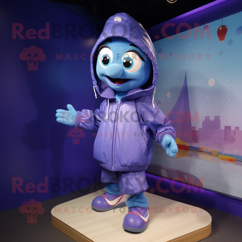 Blue Plum mascot costume character dressed with a Windbreaker and Anklets