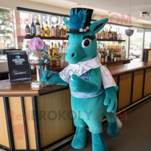 Teal Horse mascot costume character dressed with a Cocktail Dress and Caps