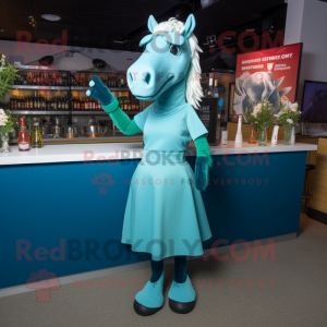 Teal Horse mascot costume character dressed with a Cocktail Dress and Caps