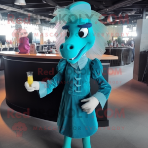 Teal Horse mascot costume character dressed with a Cocktail Dress and Caps