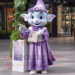 Lavender Elf mascot costume character dressed with a Wrap Dress and Wallets