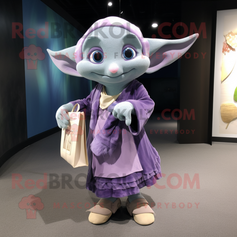 Lavender Elf mascot costume character dressed with a Wrap Dress and Wallets