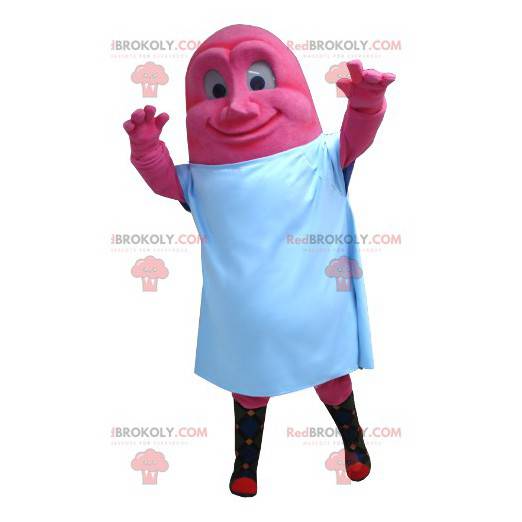 Mascota monstruo rosa rosa con una sábana blanca -