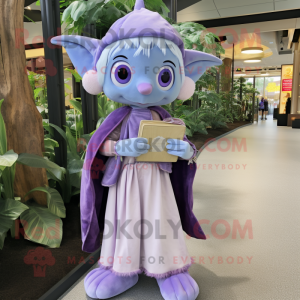 Lavender Elf mascot costume character dressed with a Wrap Dress and Wallets