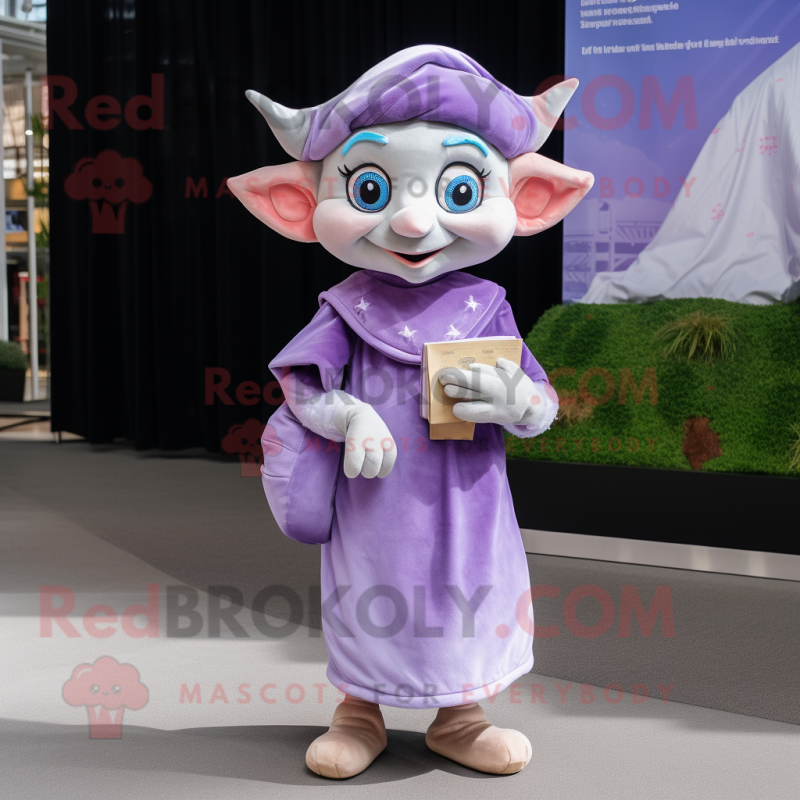 Lavender Elf mascot costume character dressed with a Wrap Dress and Wallets