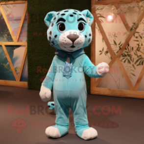 Cyan Cheetah mascot costume character dressed with a Chinos and Suspenders