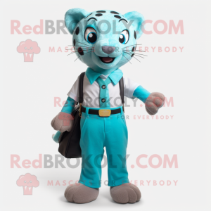 Cyan Cheetah mascot costume character dressed with a Chinos and Suspenders