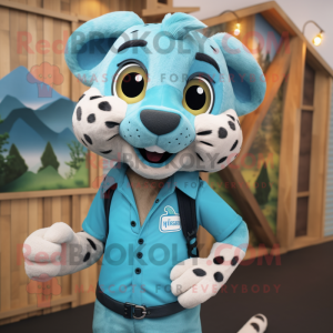 Cyan Cheetah mascot costume character dressed with a Chinos and Suspenders