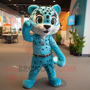 Cyan Cheetah mascot costume character dressed with a Chinos and Suspenders