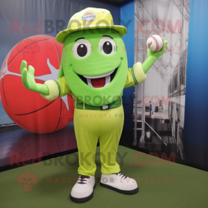 Lime Green Baseball Ball mascot costume character dressed with a Capri Pants and Caps