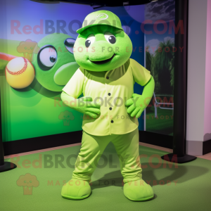 Lime Green Baseball Ball mascot costume character dressed with a Capri Pants and Caps