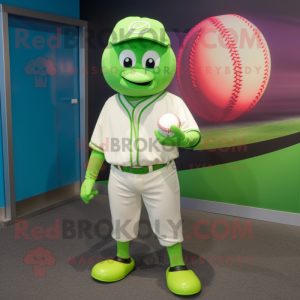 Lime Green Baseball Ball mascot costume character dressed with a Capri Pants and Caps
