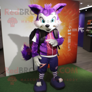 Purple Fox mascot costume character dressed with a Leggings and Backpacks