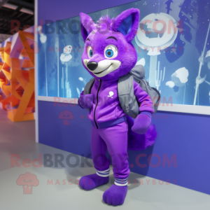 Purple Fox mascot costume character dressed with a Leggings and Backpacks