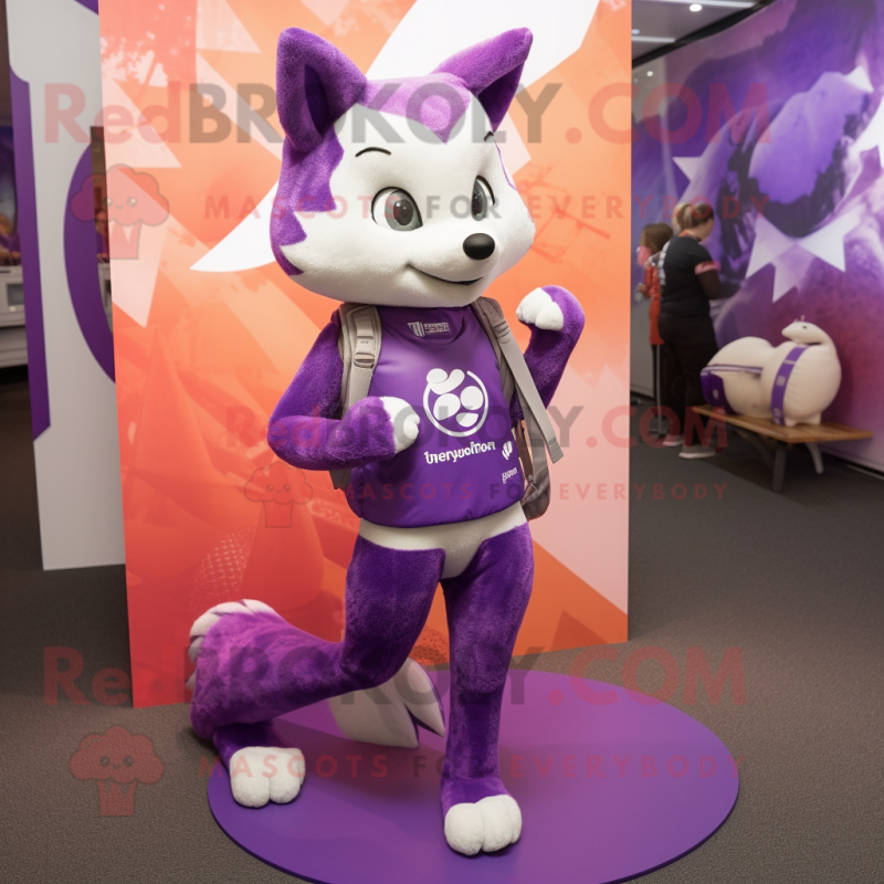 Purple Fox mascot costume character dressed with a Leggings and Backpacks