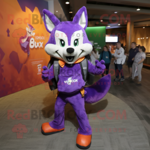 Purple Fox mascot costume character dressed with a Leggings and Backpacks