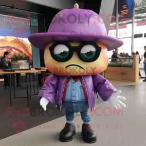 Purple Hamburger mascot costume character dressed with a Bomber Jacket and Hats