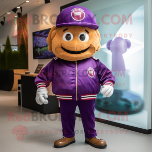 Purple Hamburger mascot costume character dressed with a Bomber Jacket and Hats