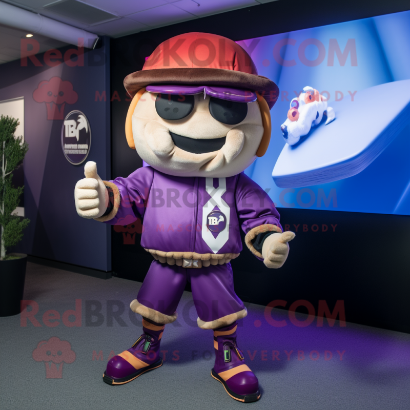 Purple Hamburger mascot costume character dressed with a Bomber Jacket and Hats
