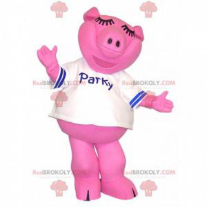Różowa maskotka świnia z białą koszulką. - Redbrokoly.com