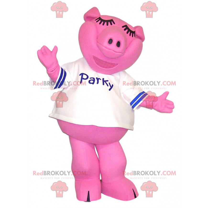 Mascote porco rosa com uma camisa branca. - Redbrokoly.com Mascote porco rosa com uma camisa branca. - Redbrokoly.com