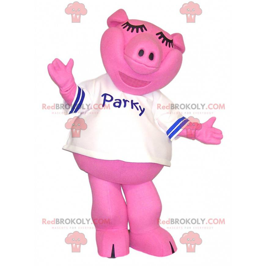 Mascotte maiale rosa con una maglia bianca. - Redbrokoly.com