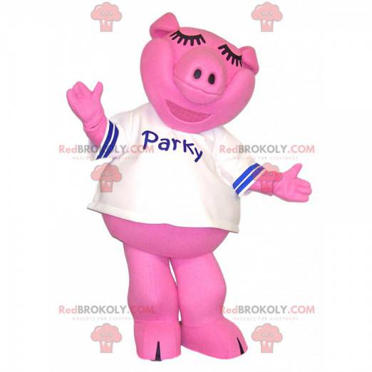 Mascota de cerdo rosa con una camiseta blanca. - Redbrokoly.com