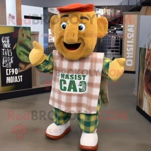 Rust Caesar Salad mascot costume character dressed with a Flannel Shirt and Tote bags