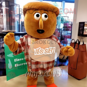 Rust Caesar Salad mascot costume character dressed with a Flannel Shirt and Tote bags