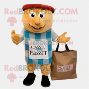 Rust Caesar Salad mascot costume character dressed with a Flannel Shirt and Tote bags