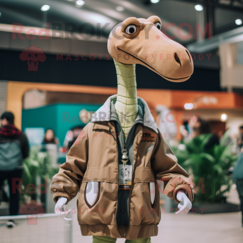 Tan Brachiosaurus mascot costume character dressed with a Jacket and Necklaces