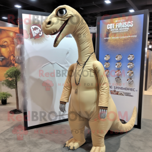 Tan Brachiosaurus mascot costume character dressed with a Jacket and Necklaces