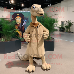 Tan Brachiosaurus mascot costume character dressed with a Jacket and Necklaces