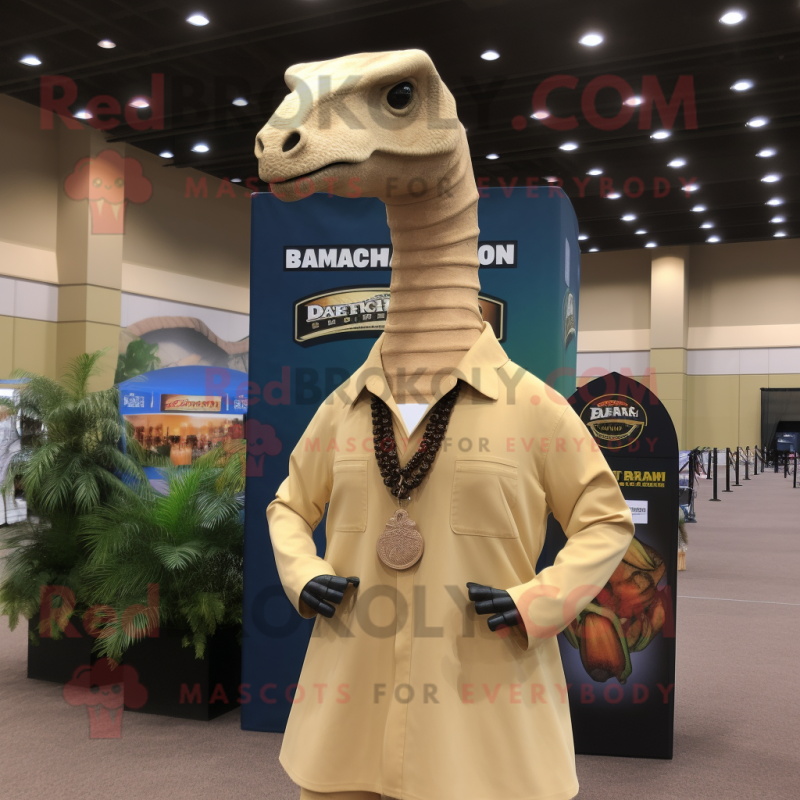 Tan Brachiosaurus mascot costume character dressed with a Jacket and Necklaces