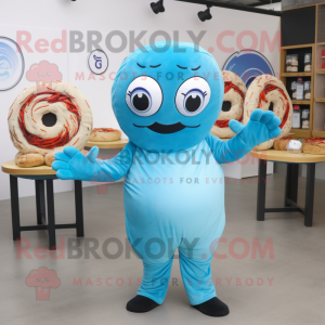 Sky Blue Bagels mascot costume character dressed with a Jumpsuit and Scarves