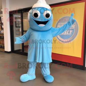 Sky Blue Bagels mascot costume character dressed with a Jumpsuit and Scarves