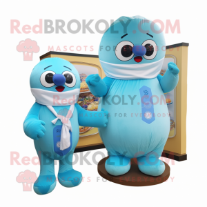 Sky Blue Bagels mascot costume character dressed with a Jumpsuit and Scarves