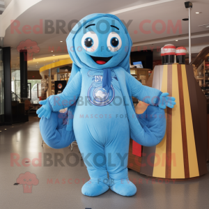 Sky Blue Bagels mascot costume character dressed with a Jumpsuit and Scarves