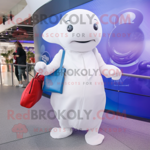 nan Beluga Whale mascot costume character dressed with a Ball Gown and Messenger bags