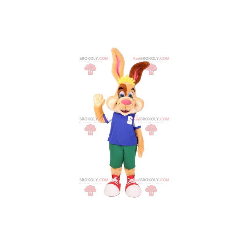 Rabbit mascot in sportswear. Bunny costume - Redbrokoly.com