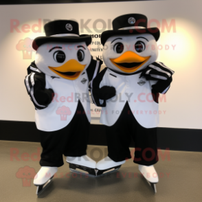 White Pair Of Ice Skates mascot costume character dressed with a Tuxedo and Wraps