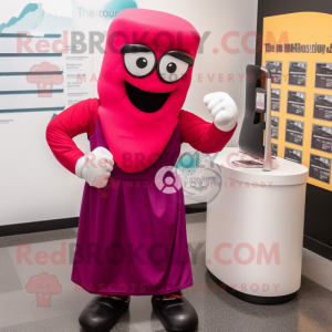 Magenta Boxing Glove mascot costume character dressed with a Maxi Skirt and Reading glasses