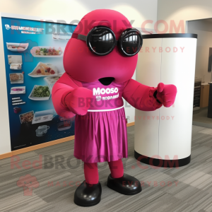 Magenta Boxing Glove mascot costume character dressed with a Maxi Skirt and Reading glasses
