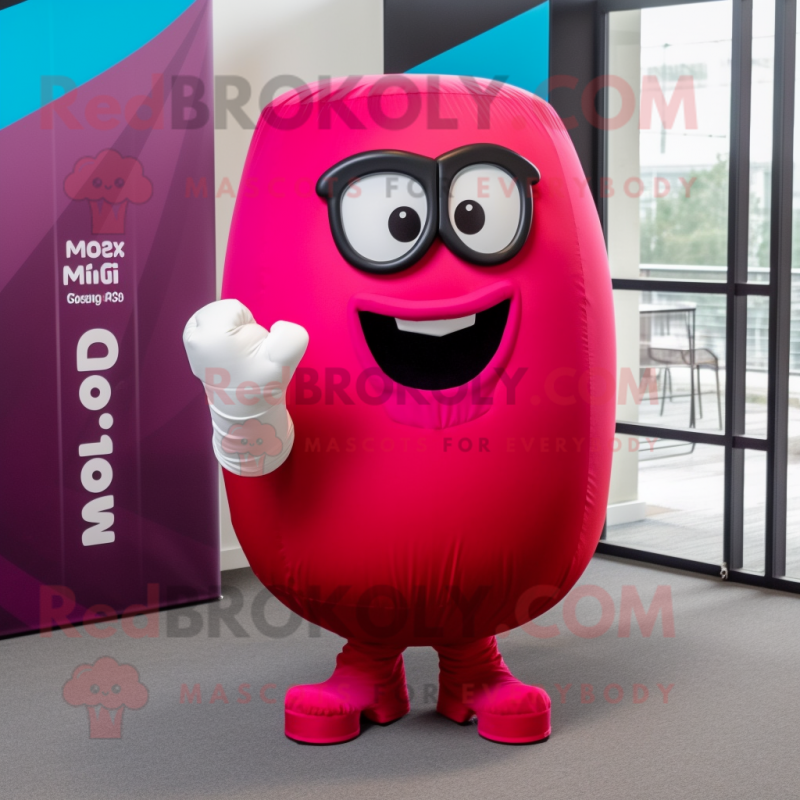 Magenta Boxing Glove mascot costume character dressed with a Maxi Skirt and Reading glasses