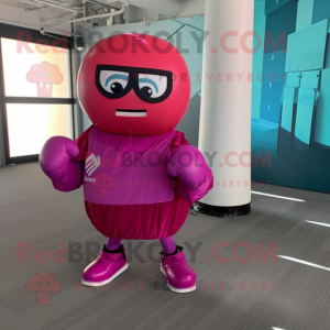 Magenta Boxing Glove mascot costume character dressed with a Maxi Skirt and Reading glasses