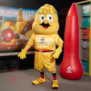 Gold Pepper mascot costume character dressed with a Board Shorts and Cummerbunds